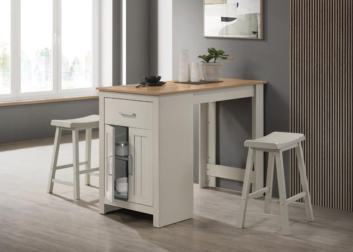 Small Space Counter Height Dining Table with Cabinet and 2 Stools - Gray or Light Brown