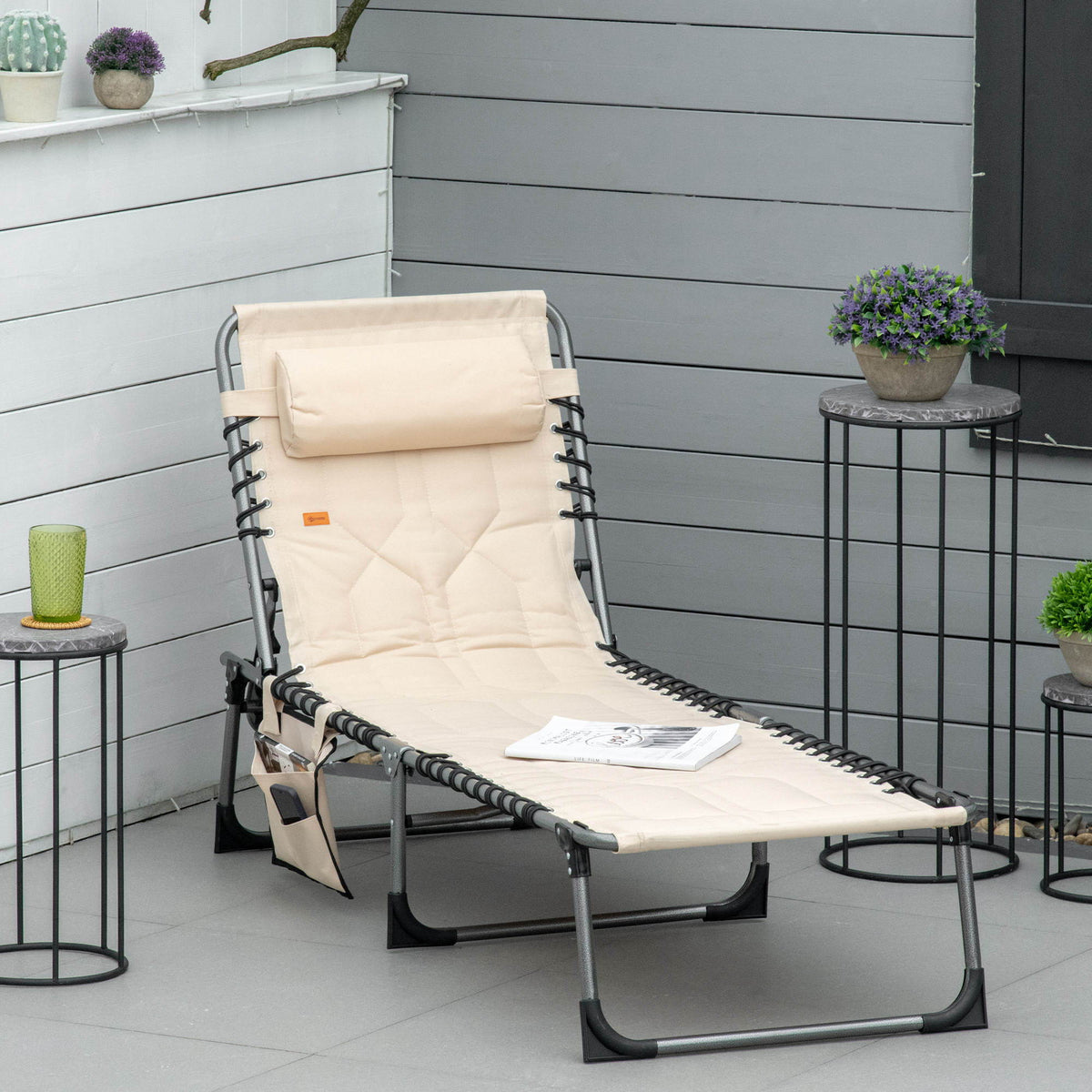 Padded Folding Chaise Lounge Chair with Adjustable Recline - Beige