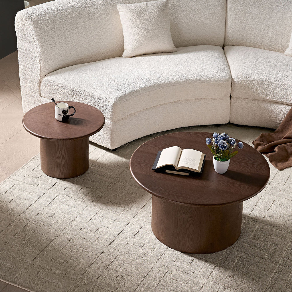 Modern MDF Round Coffee Table Set of 2 - Walnut Finish
