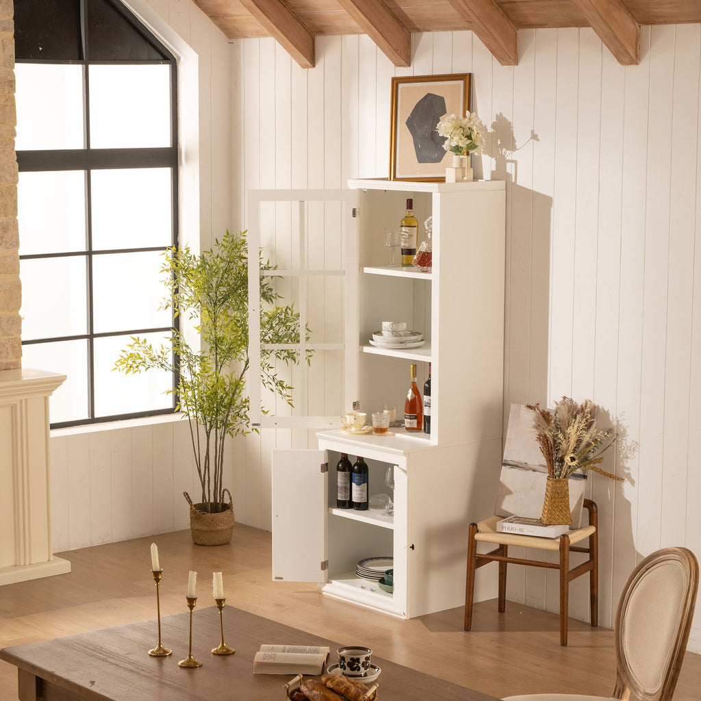 Retro Style Hutch Cabinet with Glass Door - White