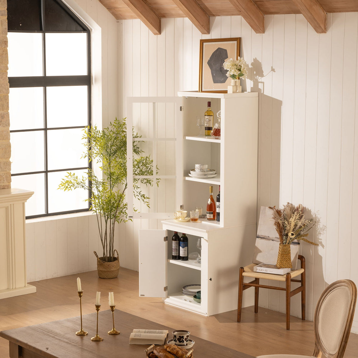 Retro Style Hutch Cabinet with Glass Door - White