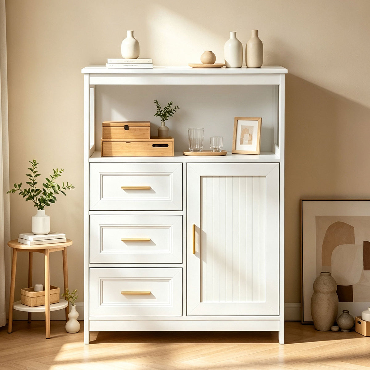 Modern Kitchen Storage Cabinet with 3 Drawers and 1 Door - White