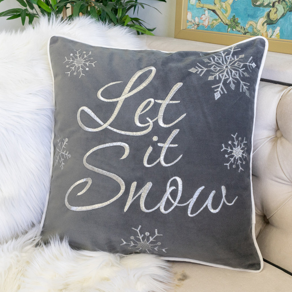 Let It Snow Embroidered Cotton Throw Pillow with Pillow Insert - Gray