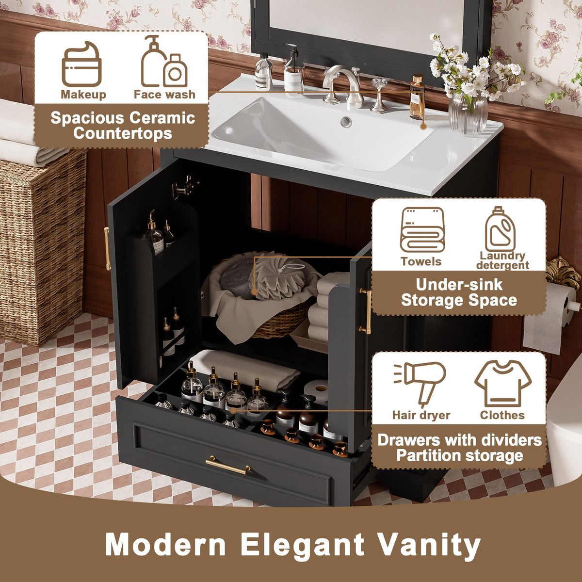 Bathroom Vanity with Sink and Soft Close Doors - White, Black, Green, or Gray