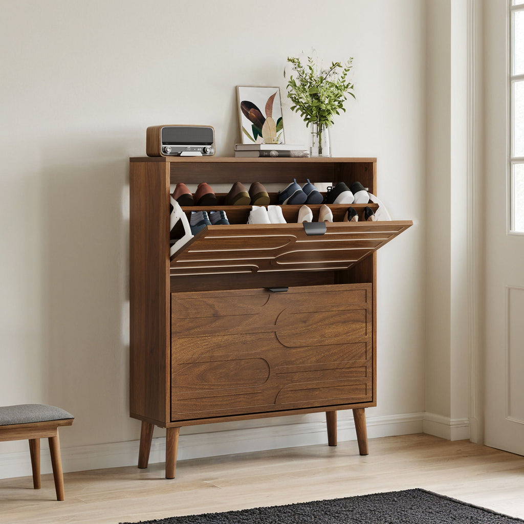 Dark Brown Shoe Cabinet with 2 Flip Drawers - Particle Board