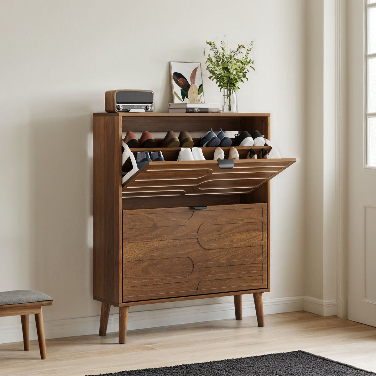 Dark Brown Shoe Cabinet with 2 Flip Drawers - Particle Board