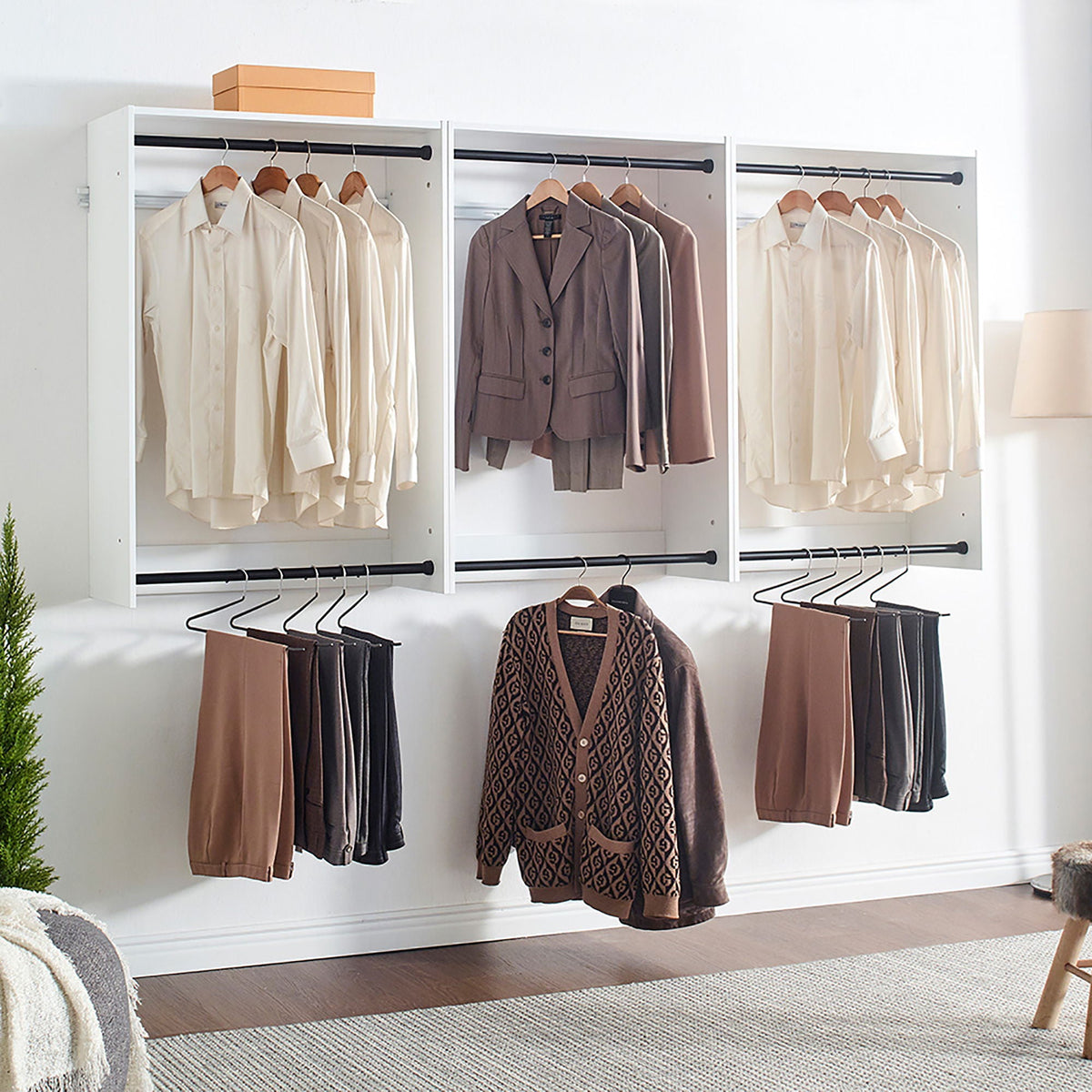 Wall Mounted Wood Closet System with Modular Units – White or Light Brown