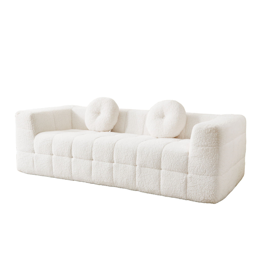 Beige 3 Seater Sofa with Circular Throw Pillows - Lychee-Textured Polyester