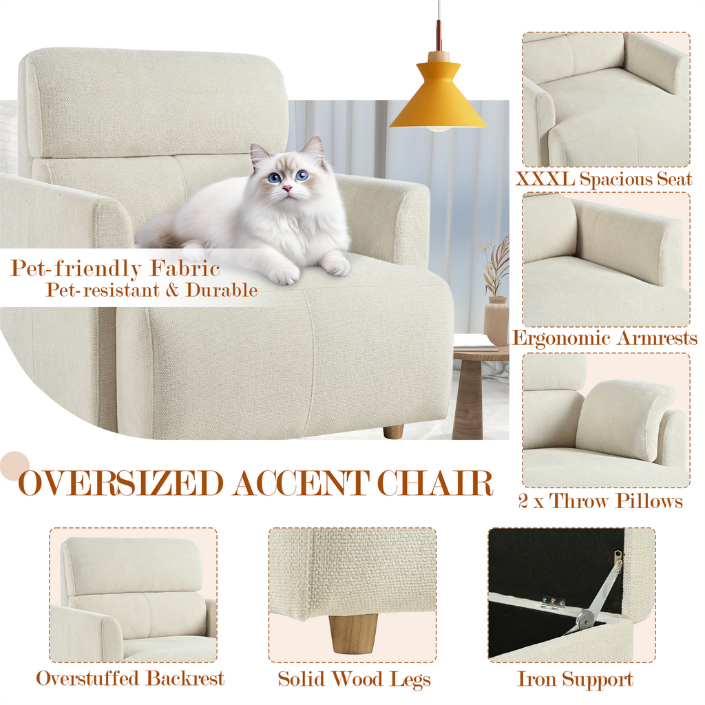 Oversized Chair with Storage Ottoman with Solid Wood Frame - Snowflake Velvet