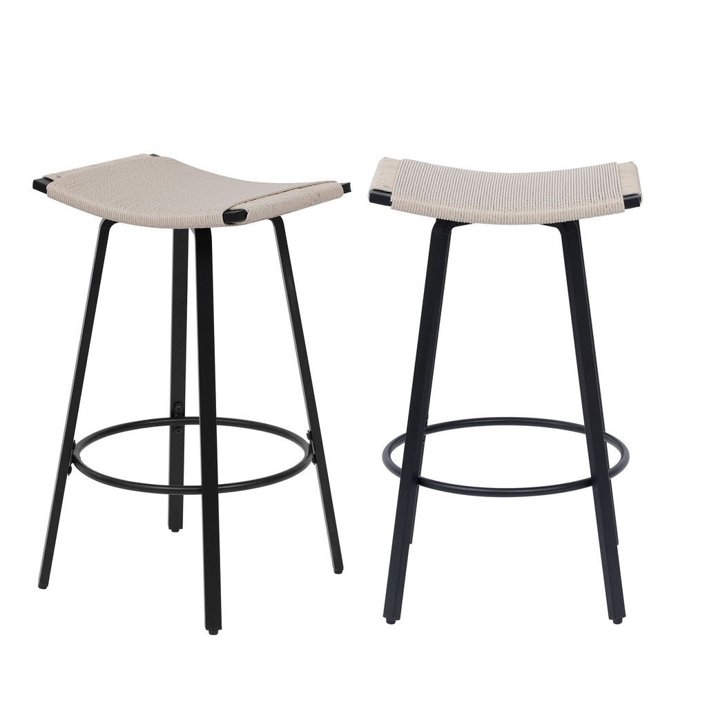 Counter Height Bar Stools Backless Handwoven Set with Round Footrest - Creamy White