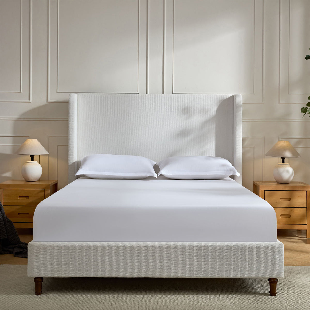 Tall Headboard Upholstered Bed with No Box Spring Needed - Cream