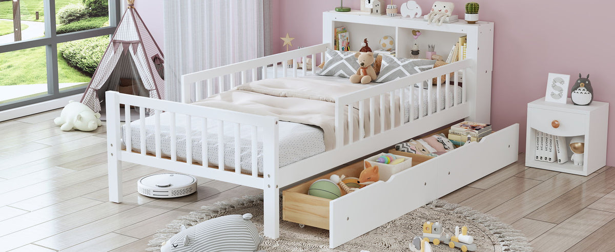 Twin Storage Bed with Headboard Rack & Under-Bed Drawers - Multiple Colors