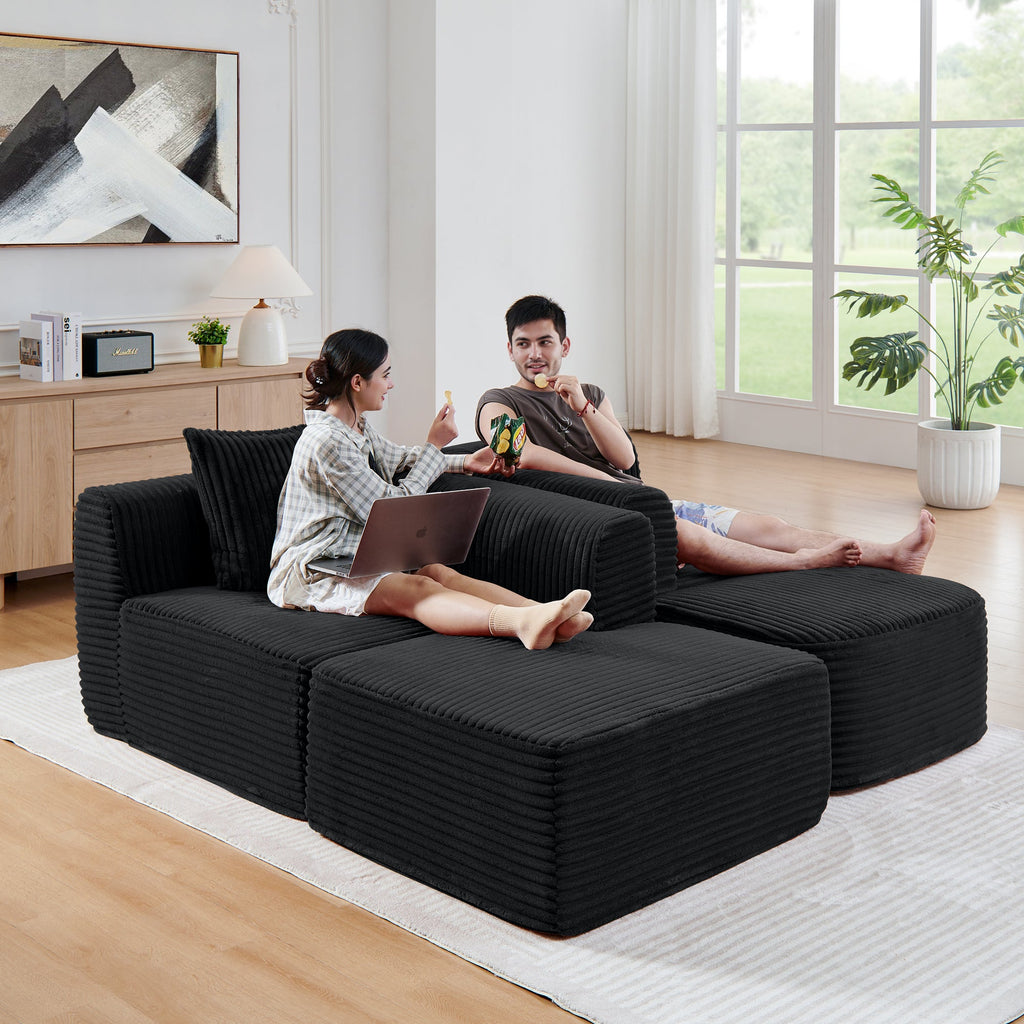 114" Cloud Sectional Couch with L-Shape Chaise – Corduroy Modular Sofa - Black or Grey