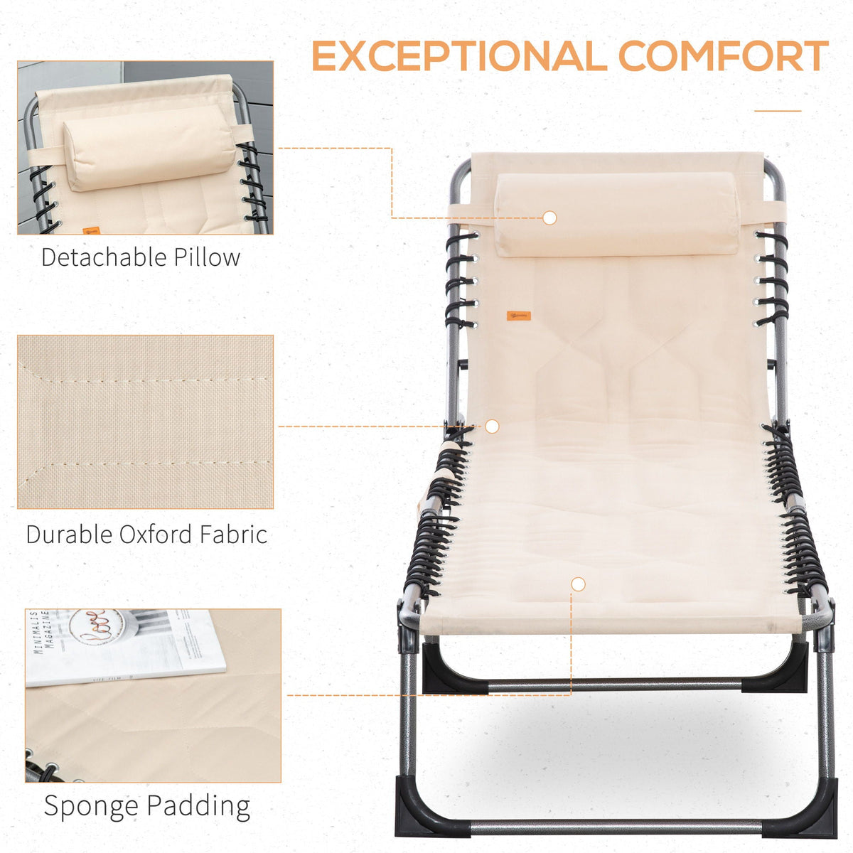Padded Folding Chaise Lounge Chair with Adjustable Recline - Beige
