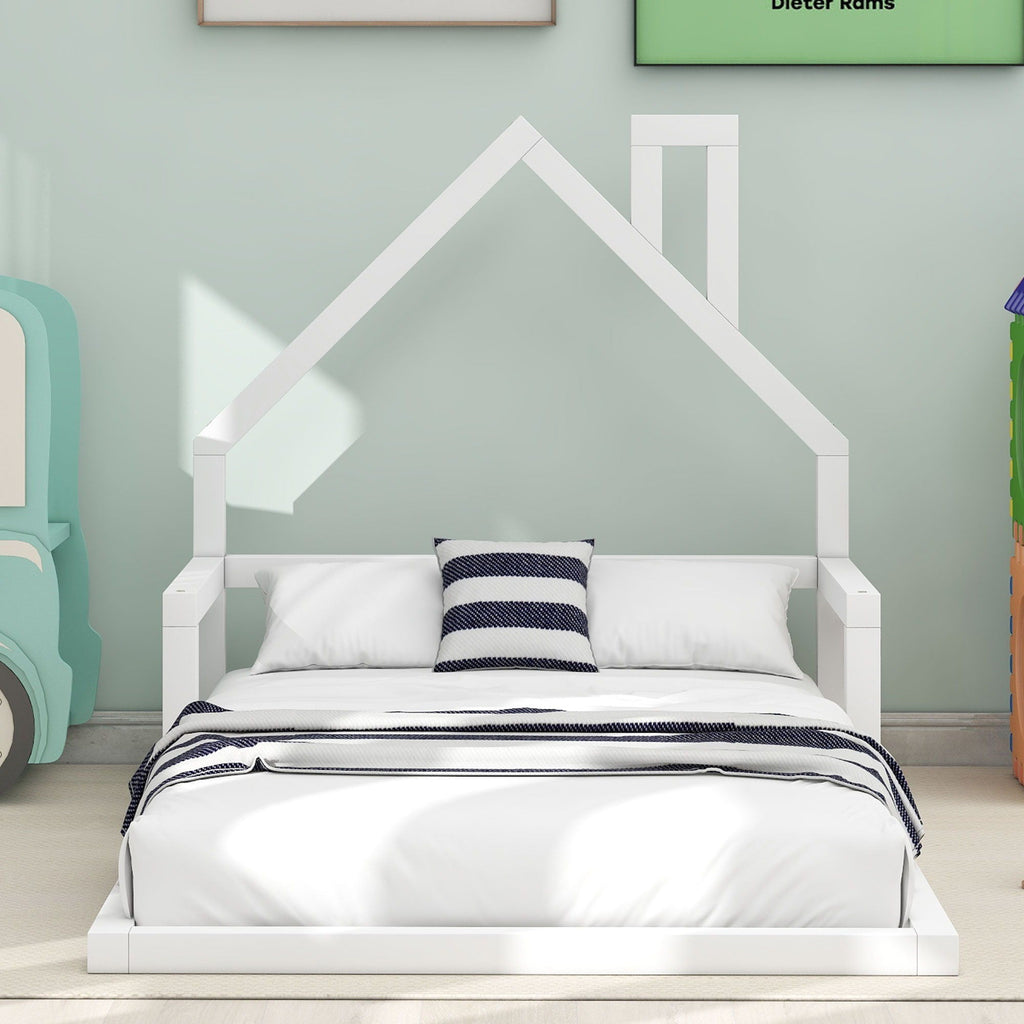 Floor Bed With House Shaped Headboard - Twin Size, Solid Pine - White or Light Brown