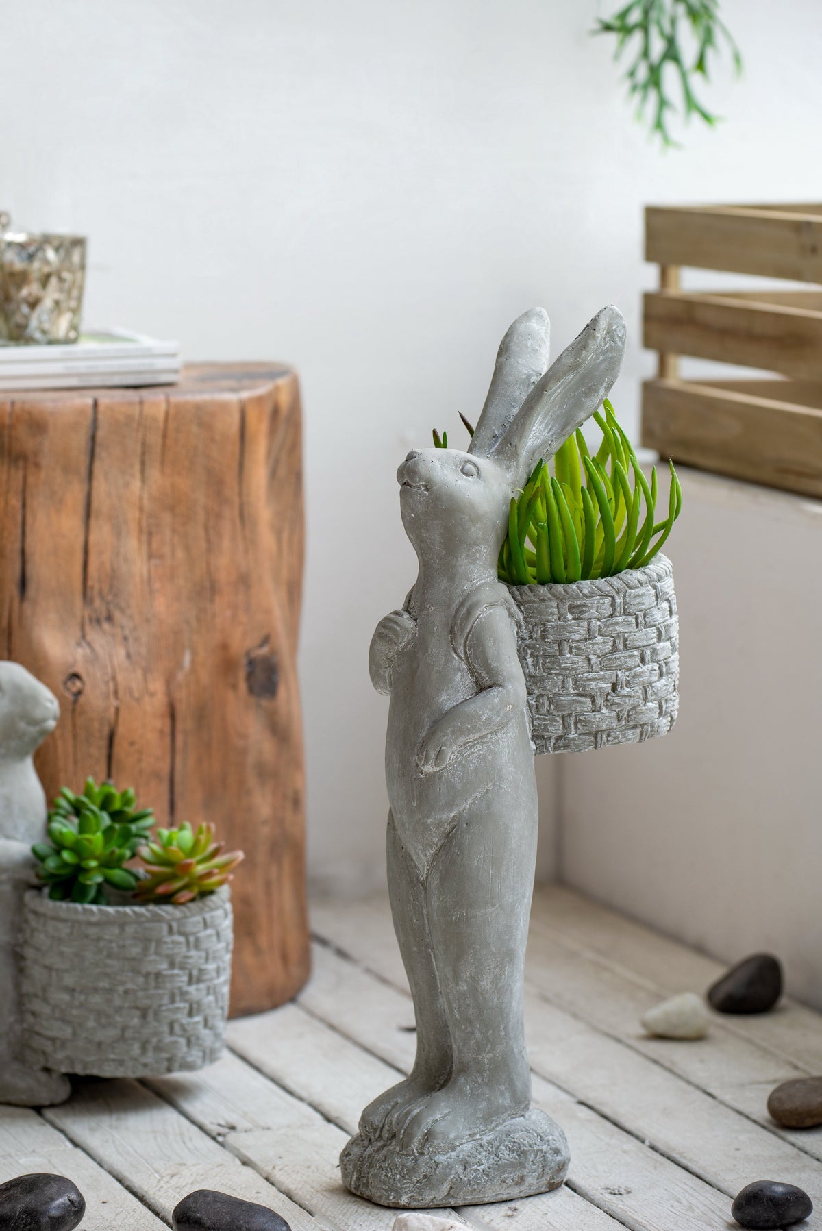 Tall Cement Rabbit Planter with Basket - Organic Gray