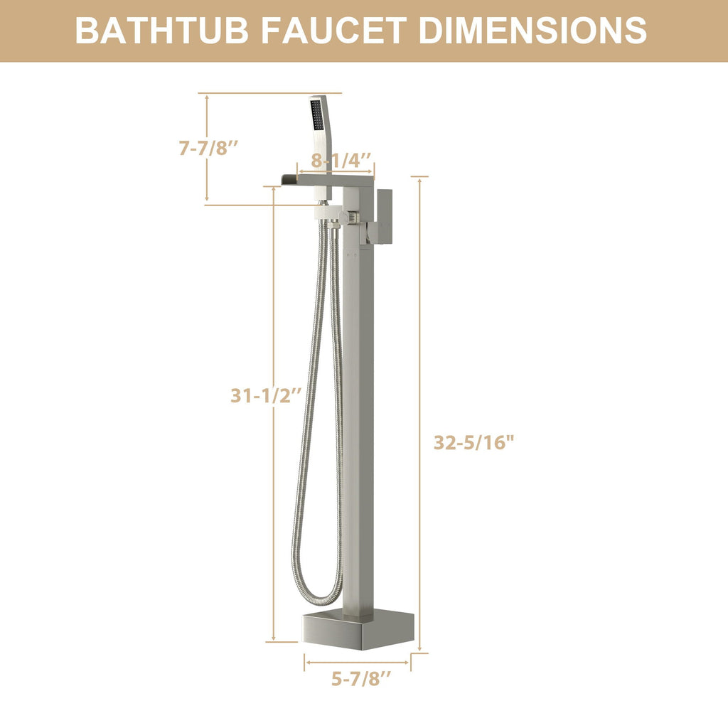 Freestanding Bathtub Faucet Waterfall Tub Filler with Hand Shower - Brushed Nickel