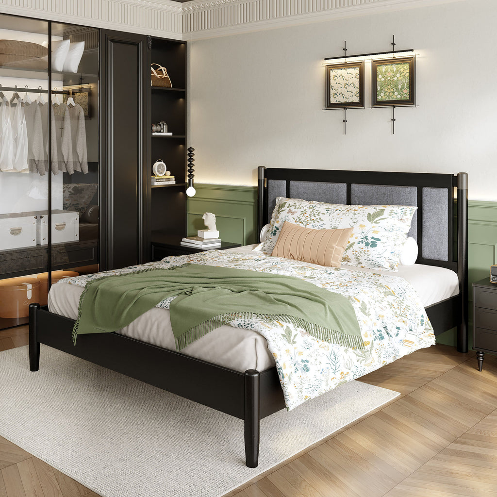 Solid Wood Queen Bed with 500 lbs Support and Fabric Headboard - Dark Grey