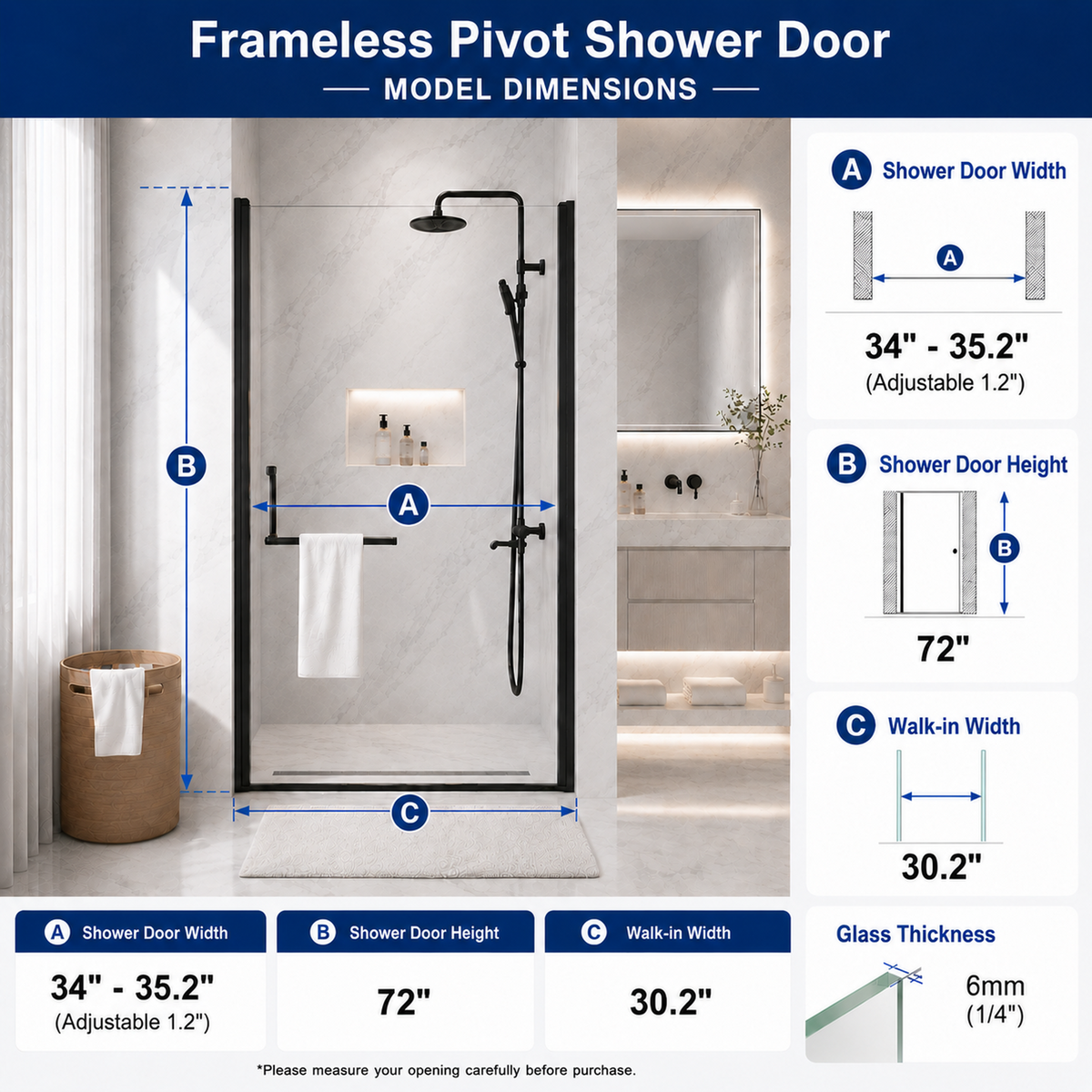 Matte Black Semi-Frameless Pivot Shower Door with Adjustable Width – 34"-35.2" x 72"