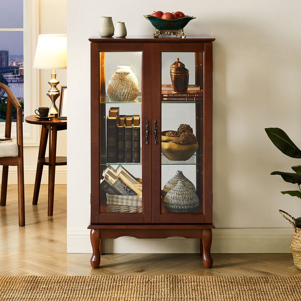 Lighted Curio Display Cabinet with Adjustable Shelves - Light Brown, Dark Brown, Dark Red