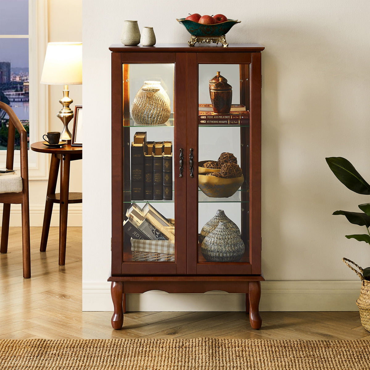 Lighted Curio Display Cabinet with Adjustable Shelves - Light Brown, Dark Brown, Dark Red