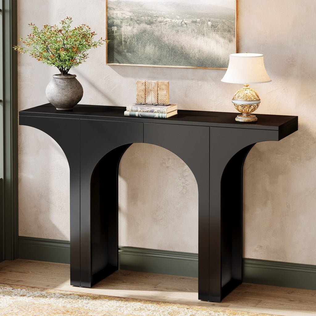 Black Console Table with Arched Base - Solid Wood & MDF
