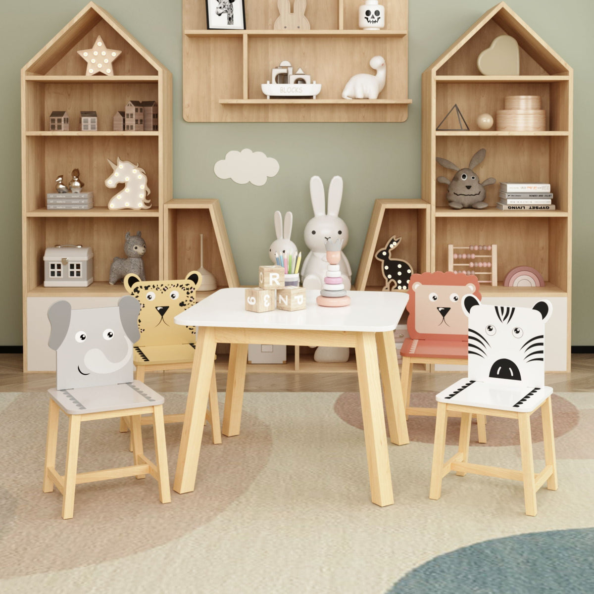 Kids Table and Chair Set with Cartoon Animals Design - White