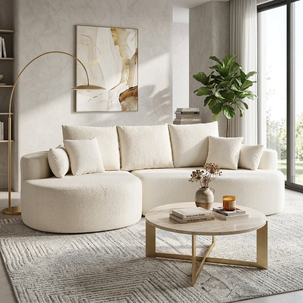 Fabric Cloud Curved Sectional Sofa with Chaise - Snow White