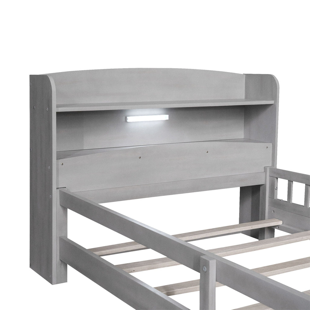 Wood Platform Storage Bed with LED Light & Storage Headboard - White or Dark Gray