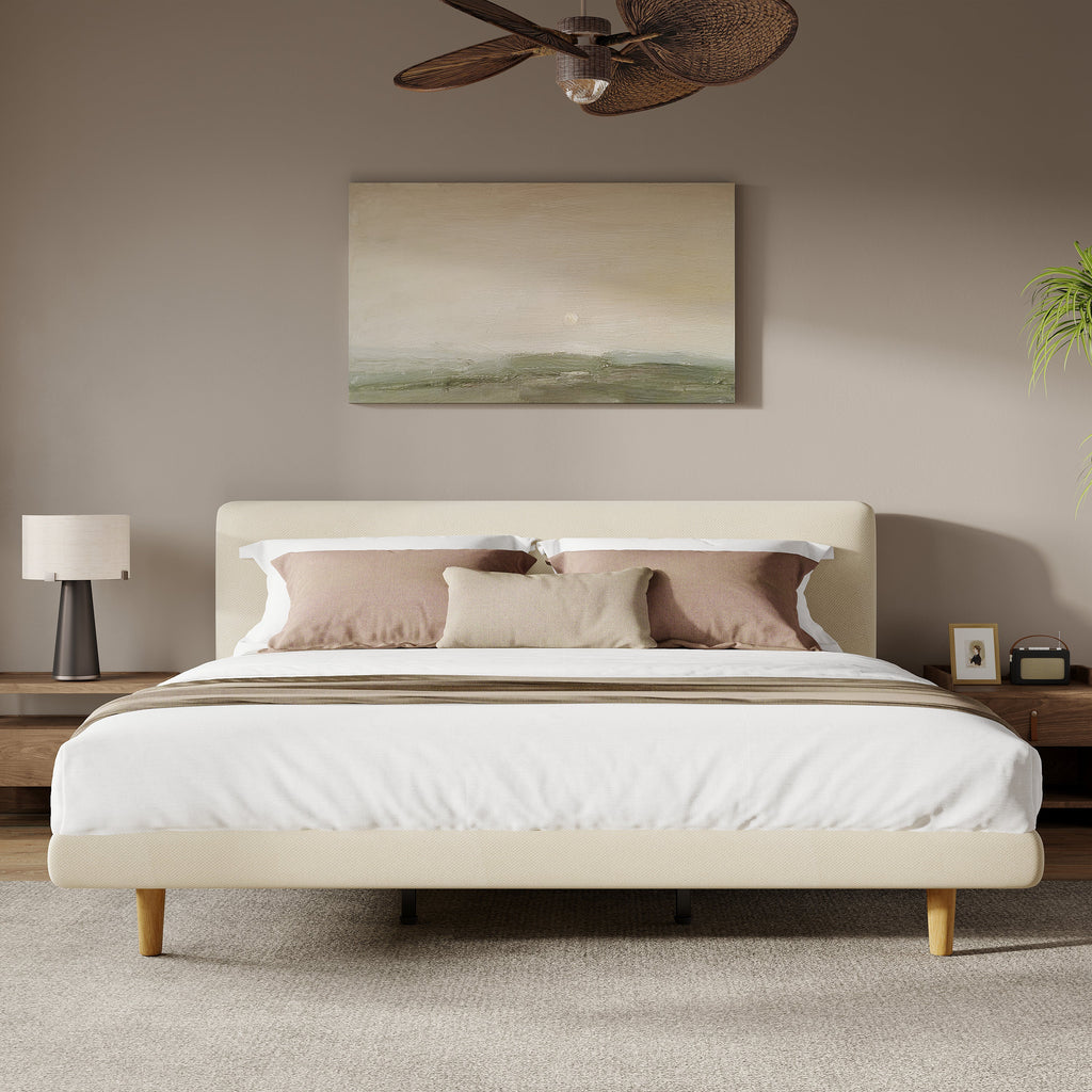 Beige Chunky Headboard Bed Frame with Solid Rubberwood Legs - Cal-King