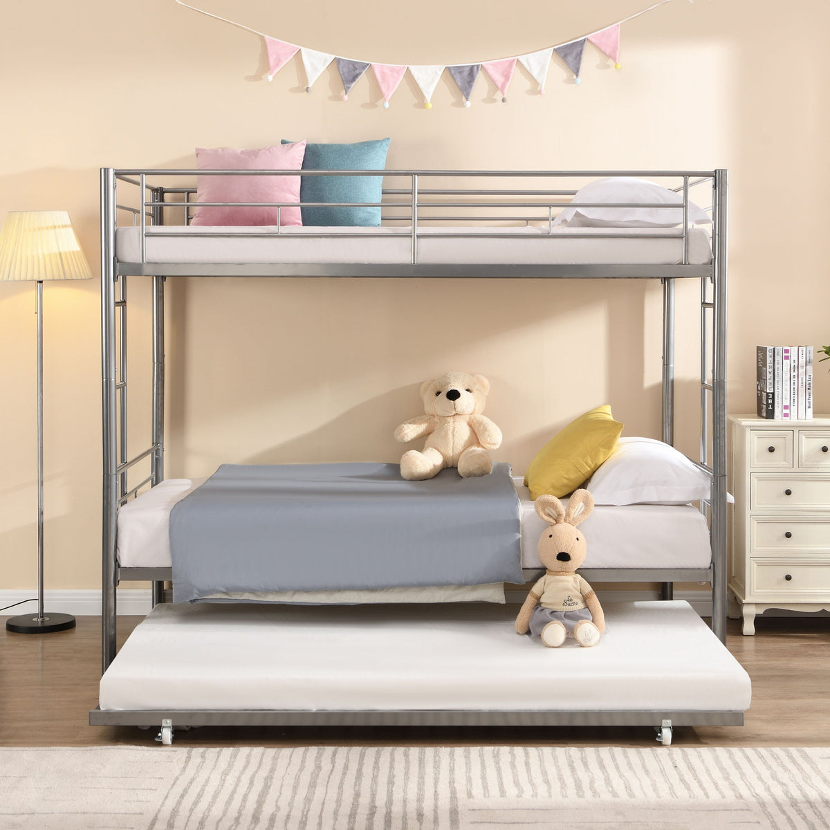 Twin Over Twin Bunk Bed with Trundle - Sturdy Metal Frame - Pearl Silver, White, or Pink