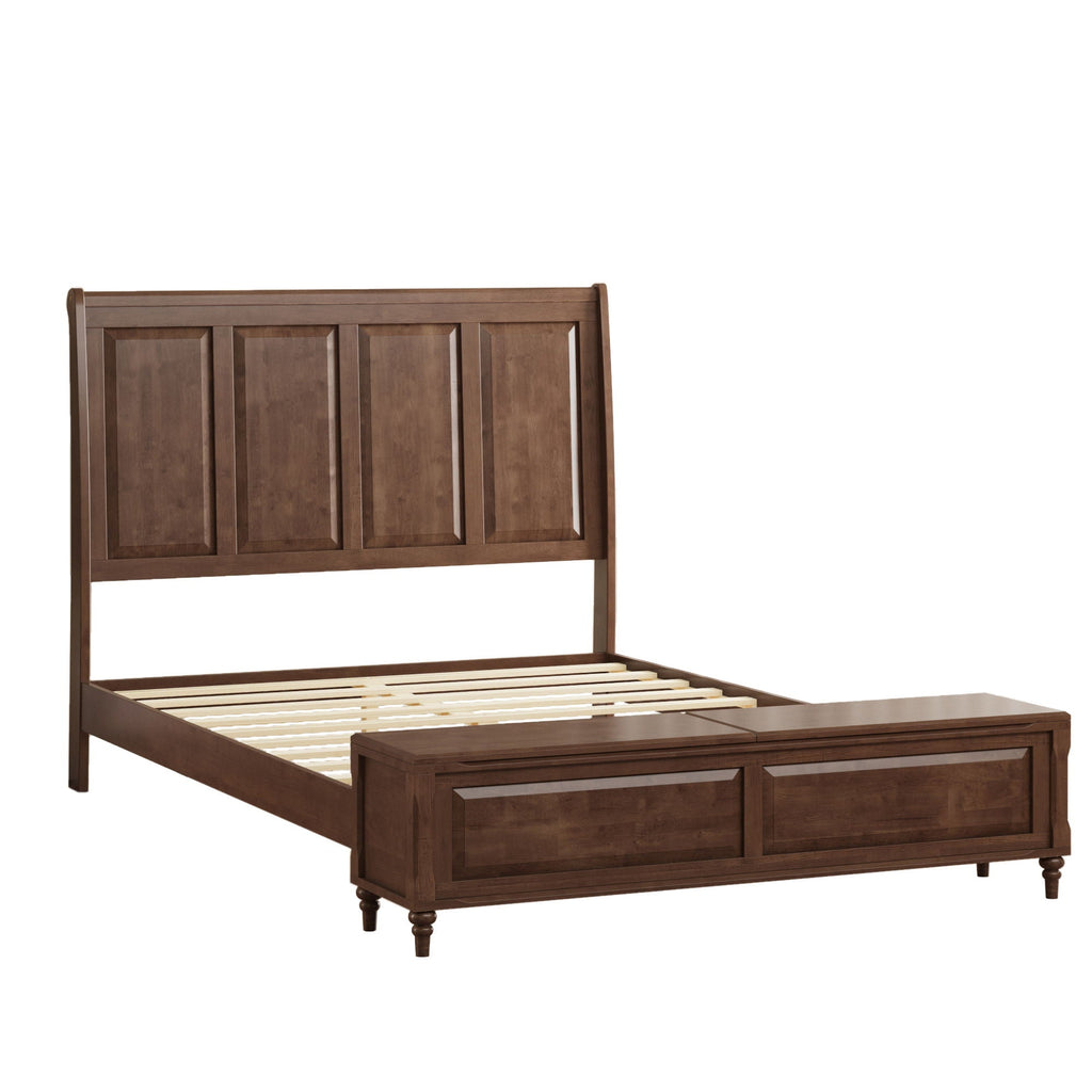Sleigh Bed Frame with Tall Headboard and Storage Bench - Dark or Light Brown