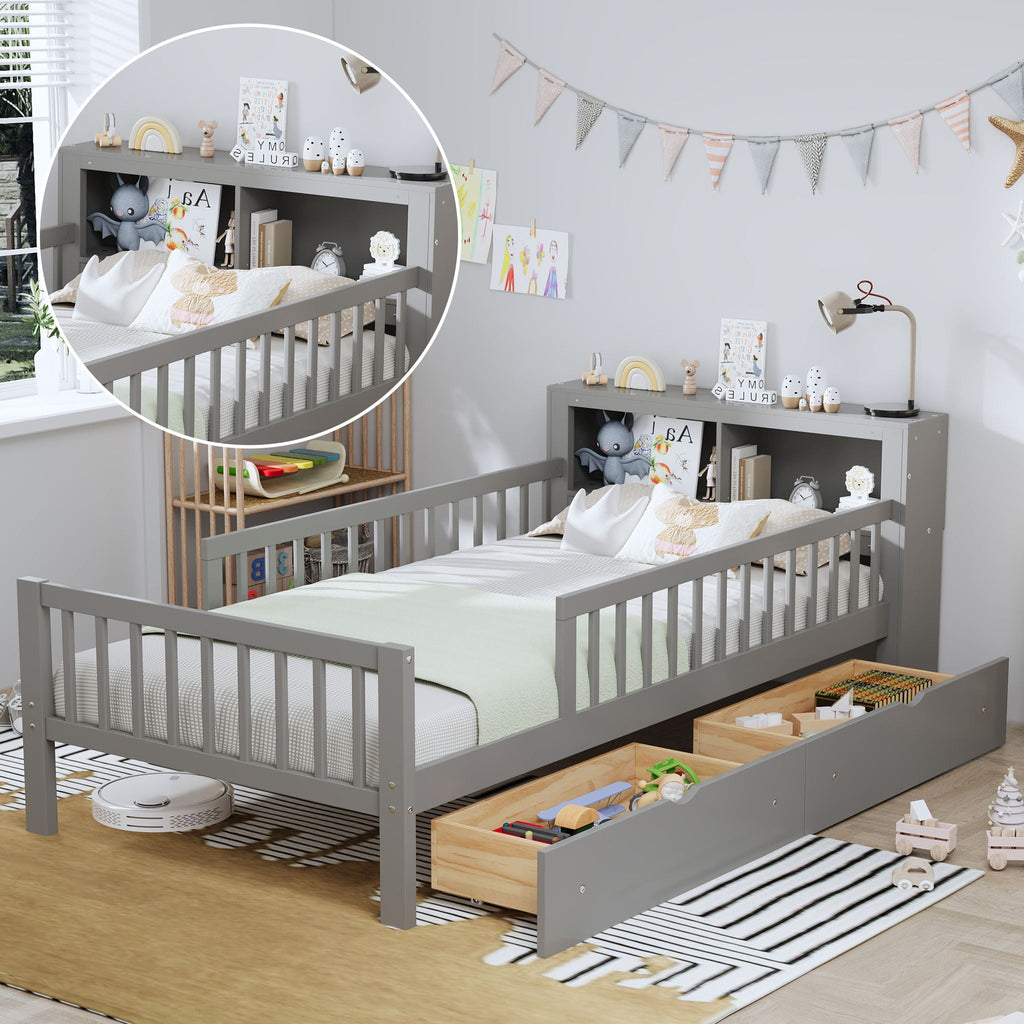 Twin Storage Bed with Headboard Rack & Under-Bed Drawers - Multiple Colors
