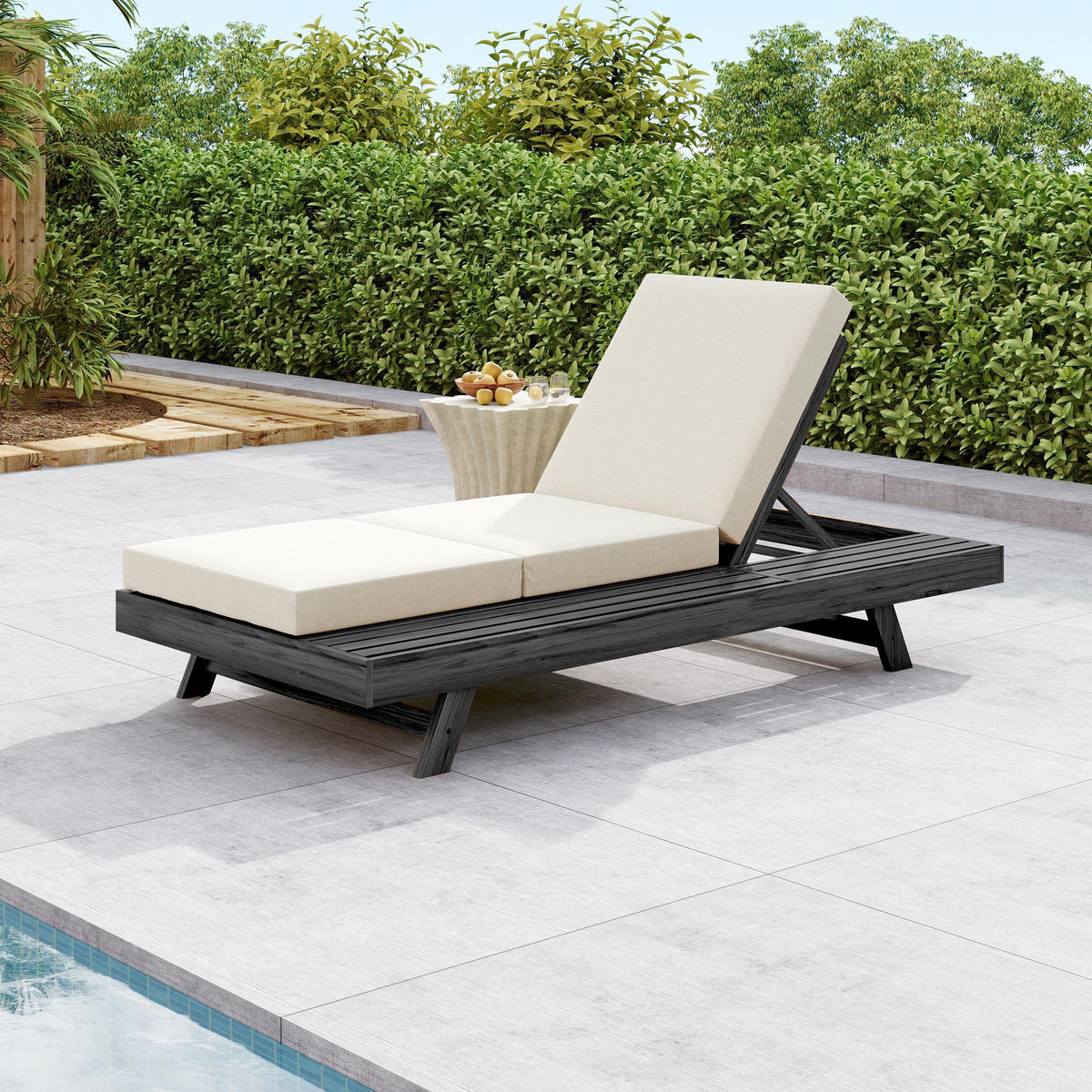 Acacia Solid Wood Lounge Chaise Set with Water-Resistant Cushion - Black