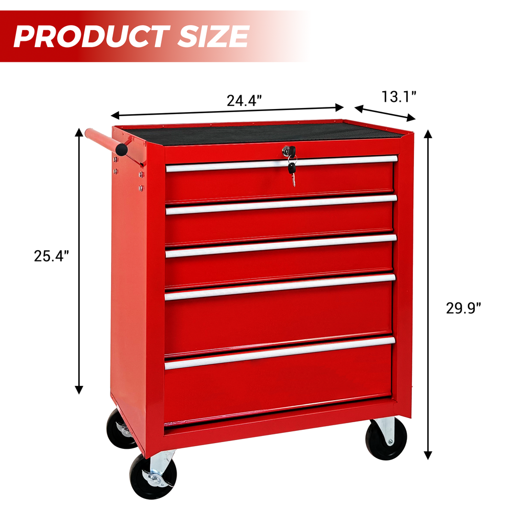 5-Drawer Rolling Tool Chest with Lock & Key - Red