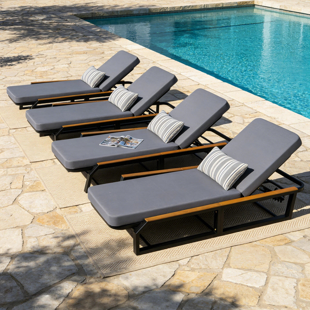 Adjustable 5-Position Outdoor Chaise Lounge with Cushion - Black, Grey, Teak or Cream, Teak, White
