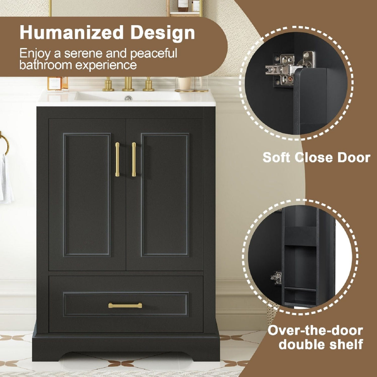 Bathroom Vanity with Sink and Soft Close Doors - White, Black, Green, or Gray