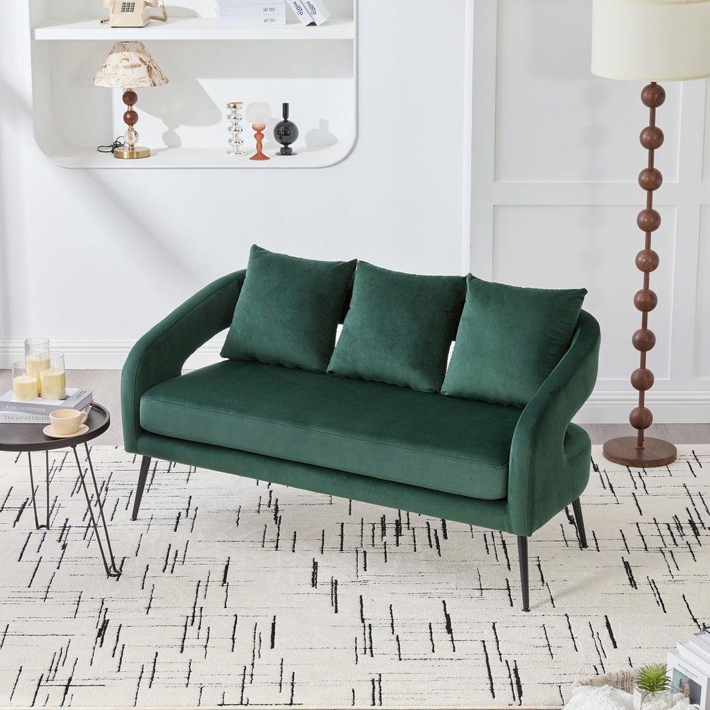 Open Back Loveseat Settee with 3 Pillows - Beige, Dark Green, or Dark Gray
