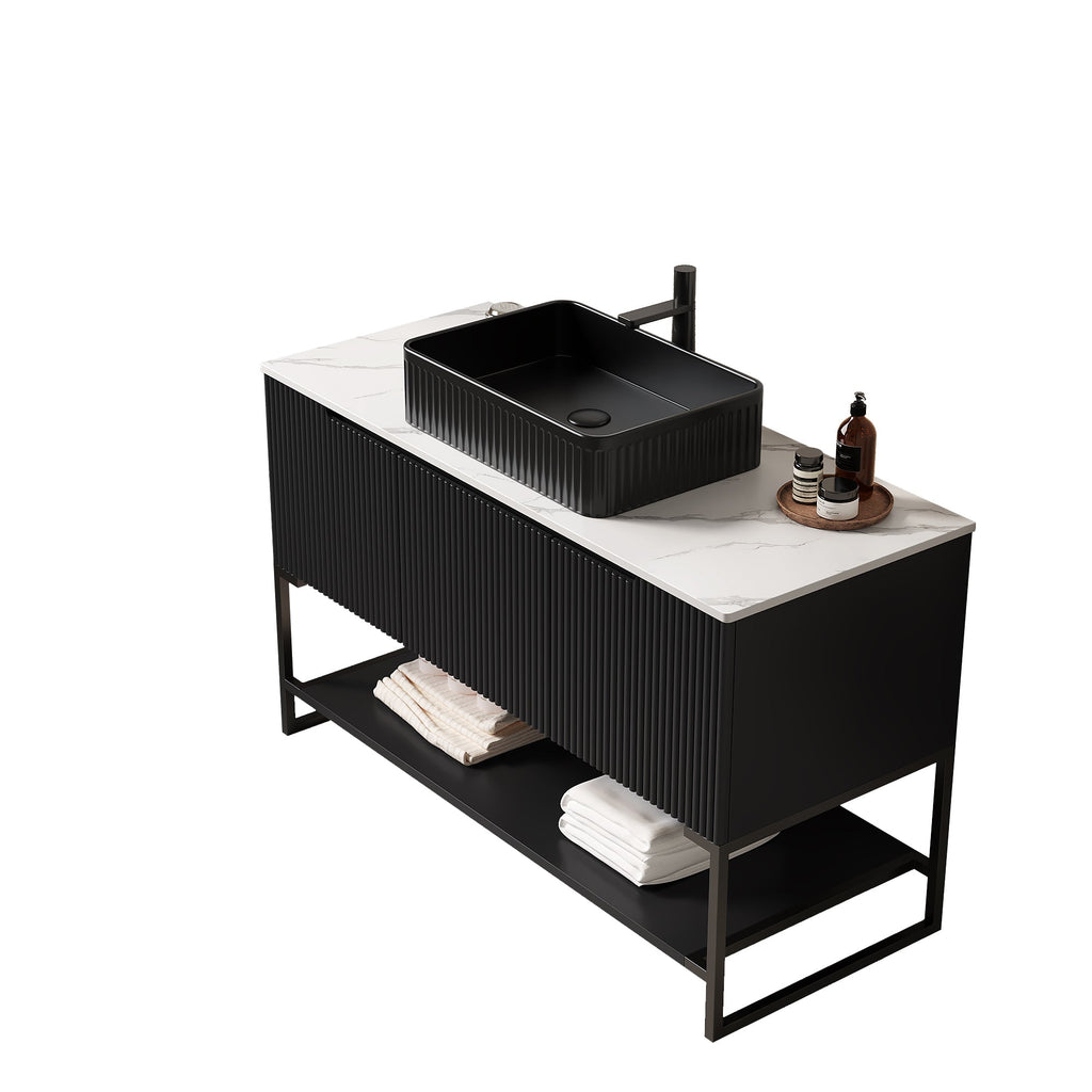 48-Inch Bathroom Vanity with Ceramic Sink and Storage - White & Black