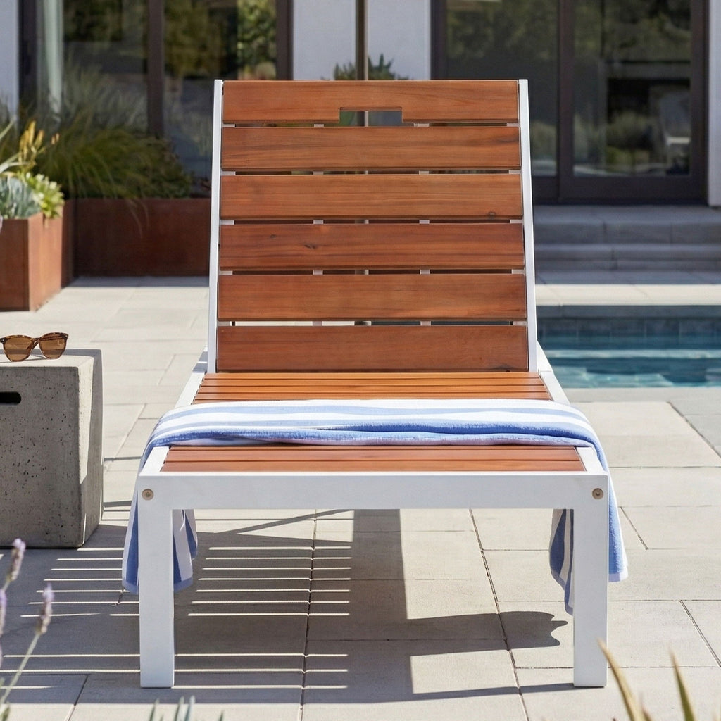Outdoor Chaise Lounge Chair with Adjustable Backrest - Brown / White