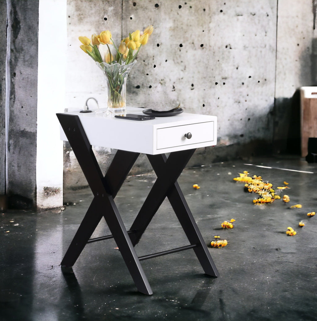 Modern Accent Table with USB Port and Drawer - White/Black