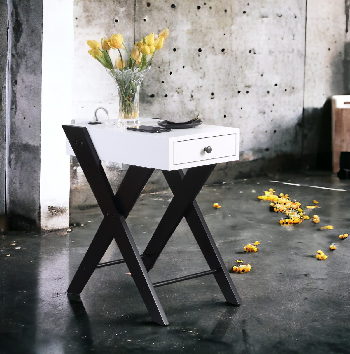 Modern Accent Table with USB Port and Drawer - White/Black