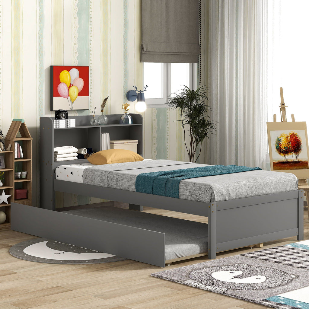 Twin Bed With Trundle and Bookcase Headboard - Wood Frame, Multiple Colors