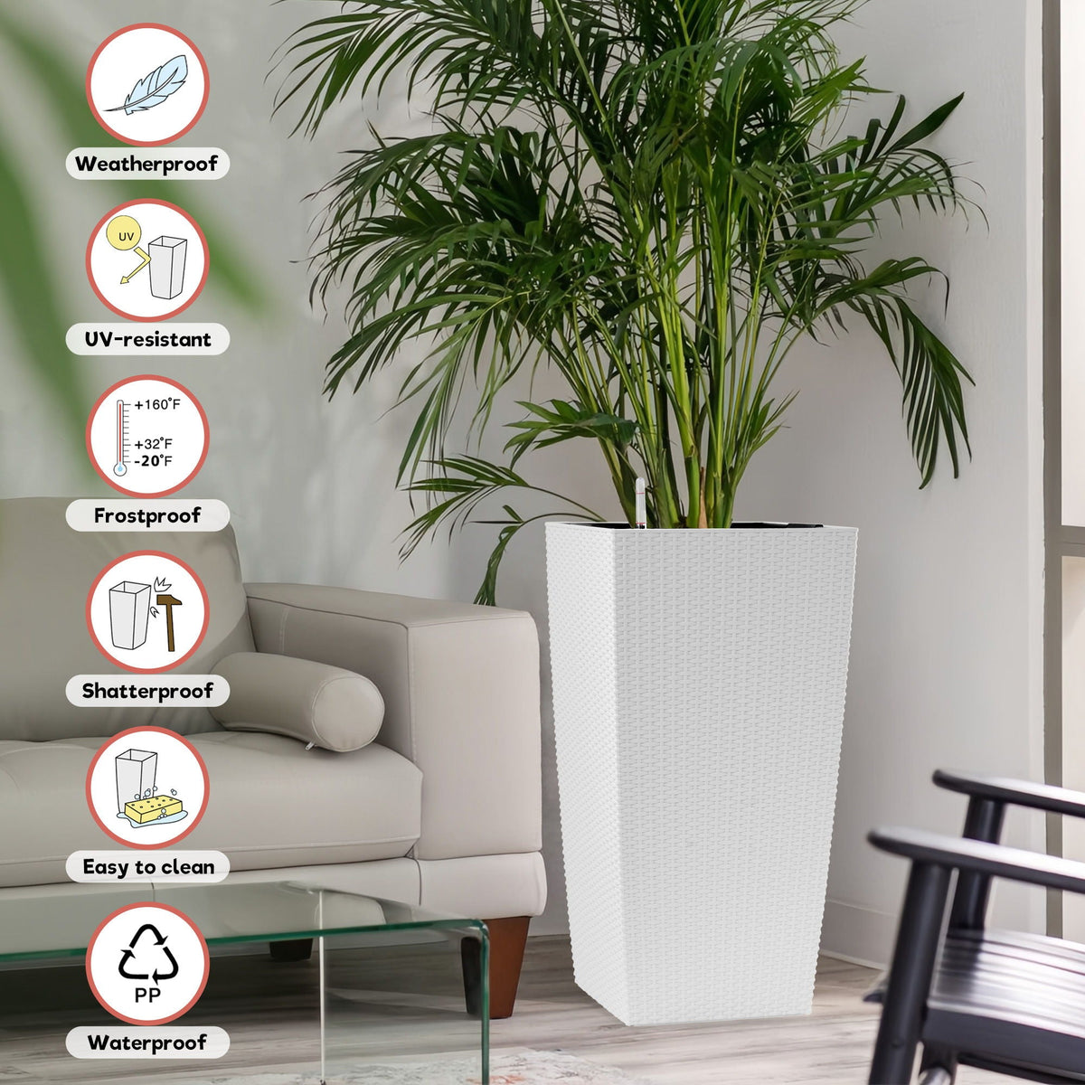 Indoor Outdoor Planter with Automatic Watering System - Dark Brown, Black, or White