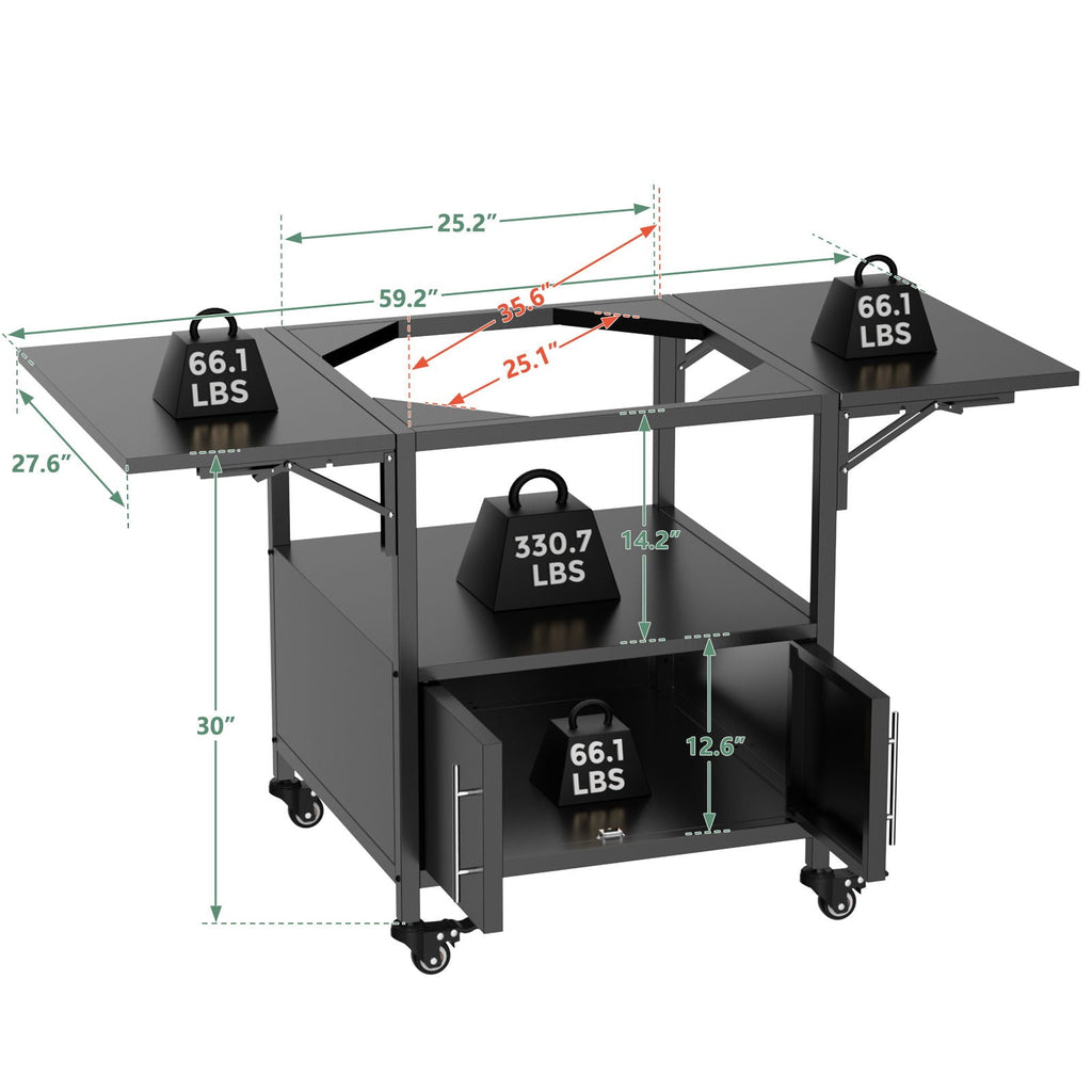 Outdoor Grill Table for Big Egg BBQ with Folding Panels - Black