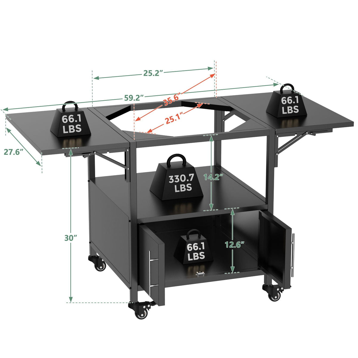 Outdoor Grill Table for Big Egg BBQ with Folding Panels - Black