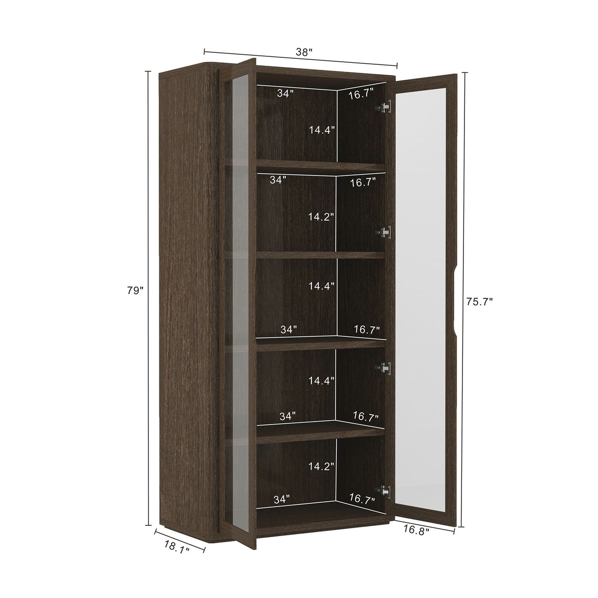 Bookcase Cabinet with Glass Doors and Adjustable Shelves - Light Brown, Dark Brown, Black