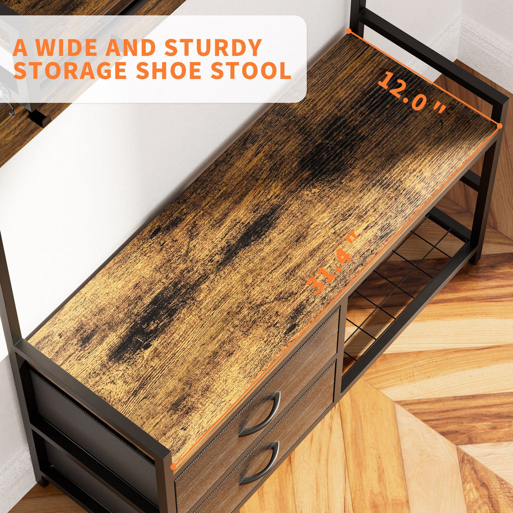 Rustic Brown Hall Tree With 2 Movable Drawers