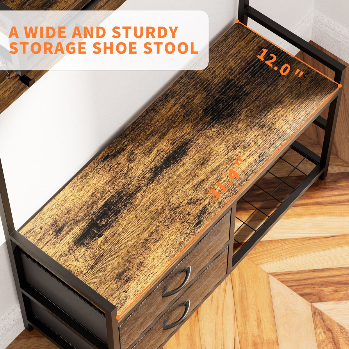 Rustic Brown Hall Tree With 2 Movable Drawers