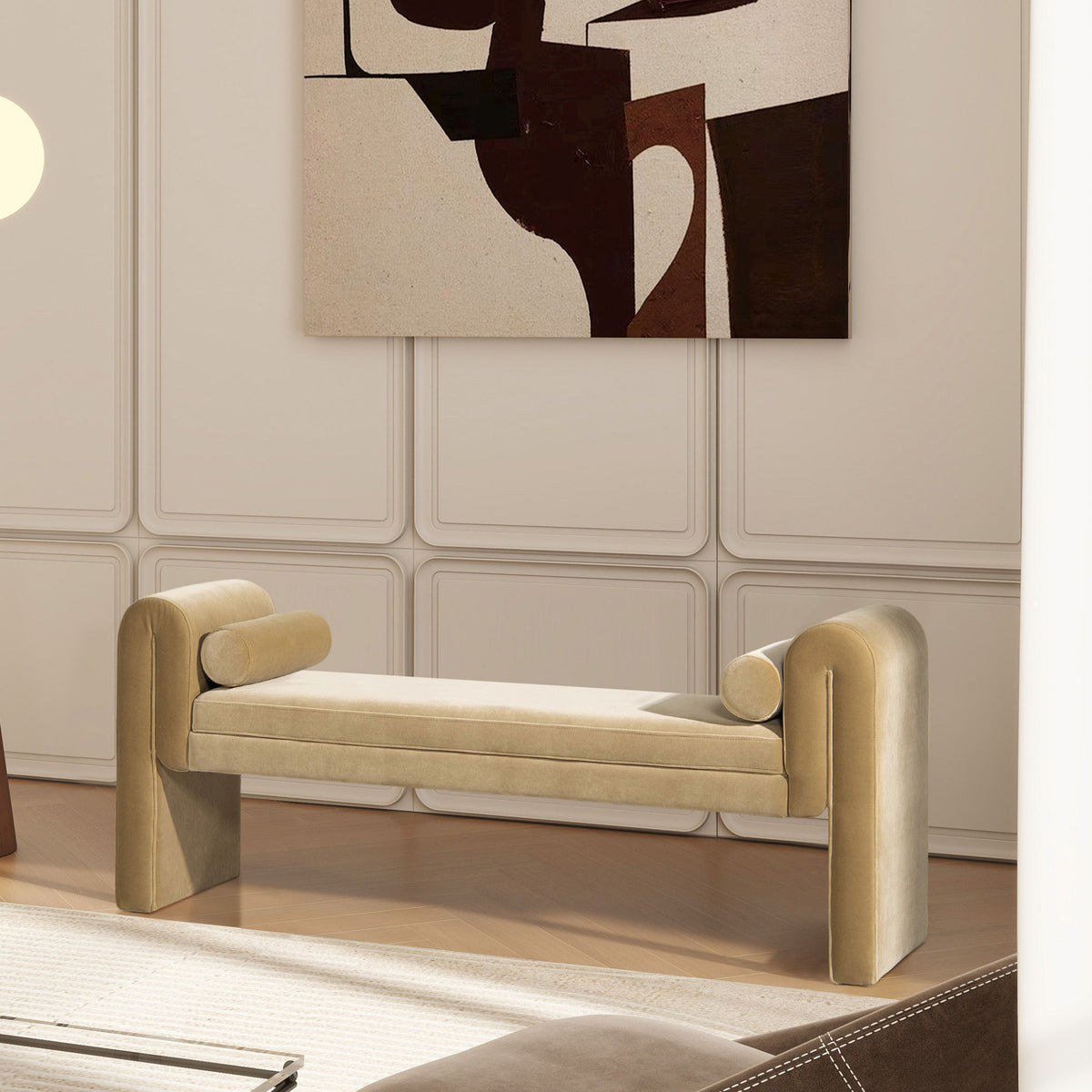 Mason 60.5" Upholstered Bench with Arched Arms and Bolster Pillows - Camel Brown Beige Velvet
